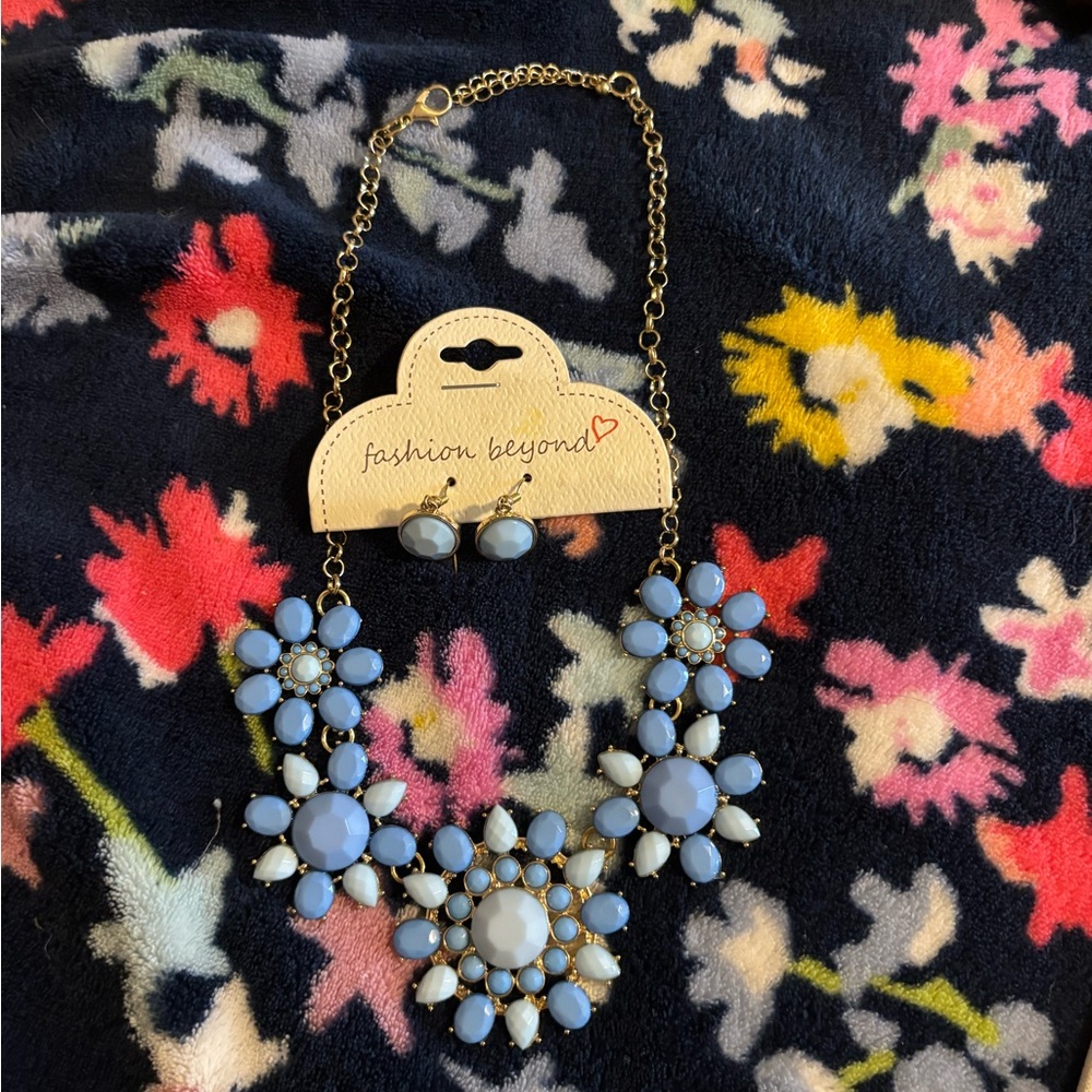 Blue Floral Necklace and Earring Set